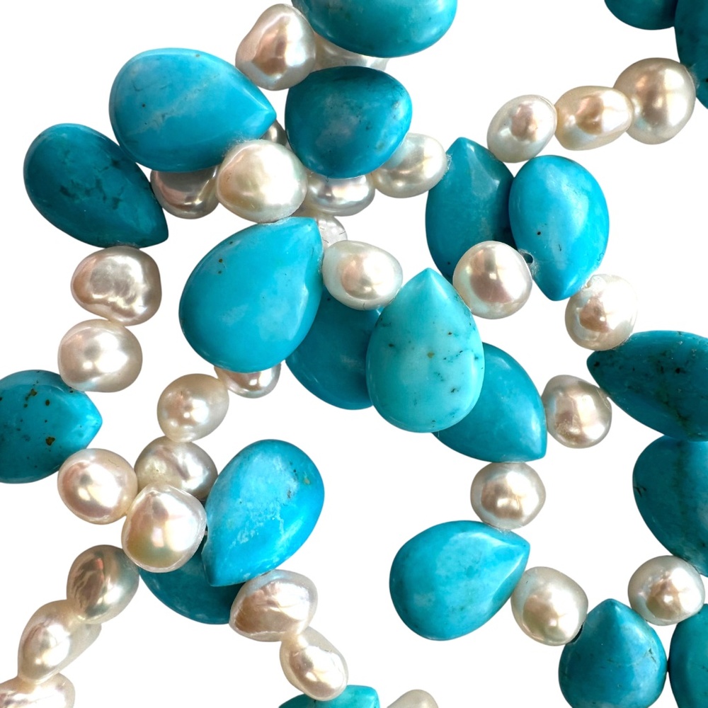 Freshwater Pearl & Turquoise Bead Multi Strand Necklace 19" - Picture 5 of 6